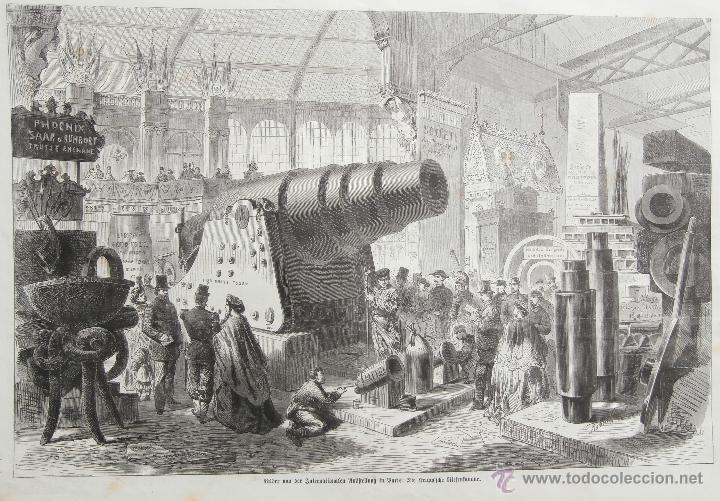 Arte: Grabado antiguo \ Exposici&oacute;n Internacional de Par&iacute;s - El Ca&ntilde;&oacute;n Gigante Krupp (1867)