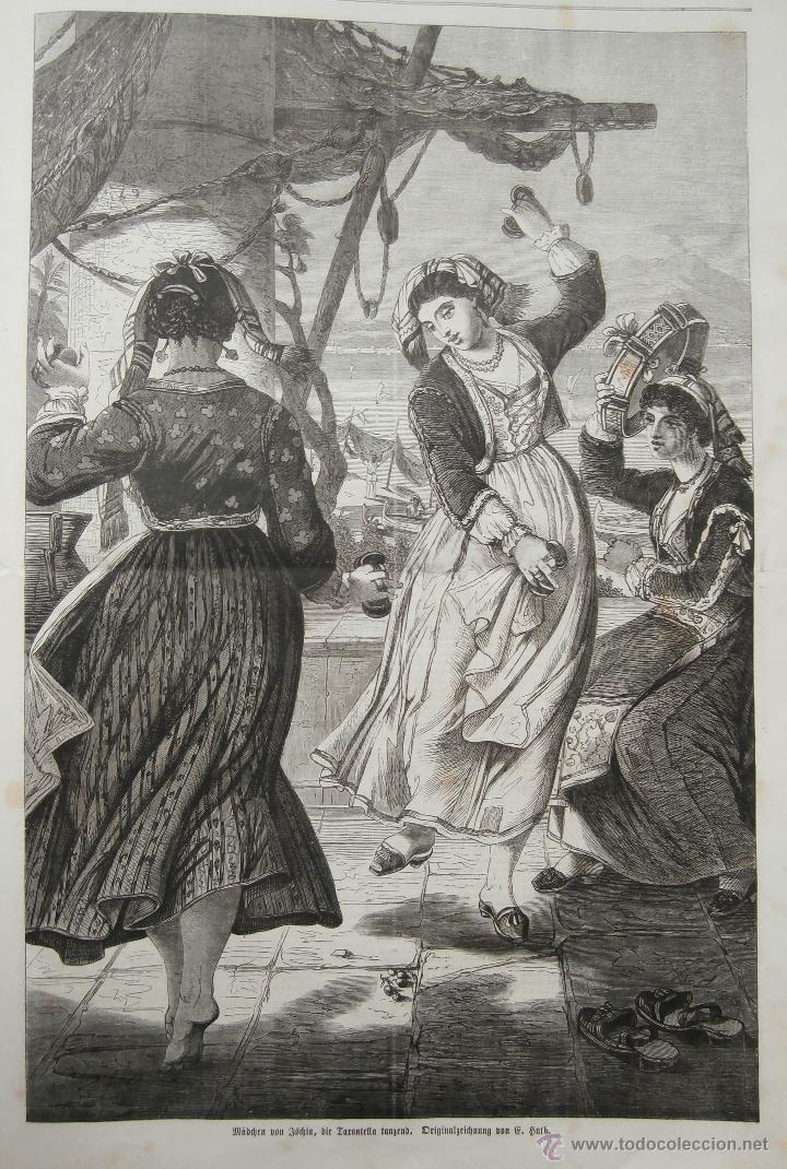 Arte: Grabado antiguo \ Mujeres de la Isla de Isquia (Ischia - Italia) bailando Tarantela (1867)