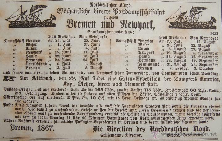 Kunst: Grabado antiguo \ Anuncio de peri&oacute;dico \ Horario de barcos Bremen y Nueva York (1867)