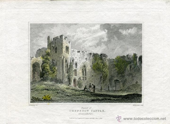 Art: Castillo de Chepstow, Gales - Grabado original coloreado a mano - 1823