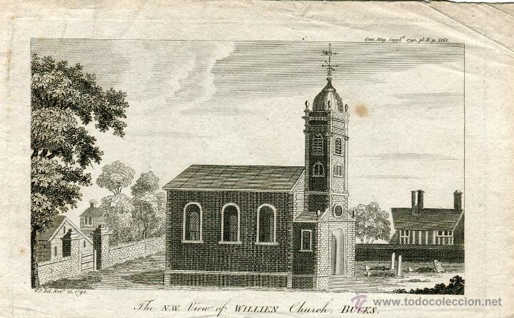 Art: The N.W. vieux of Williem church Bucks, grabado de 1792