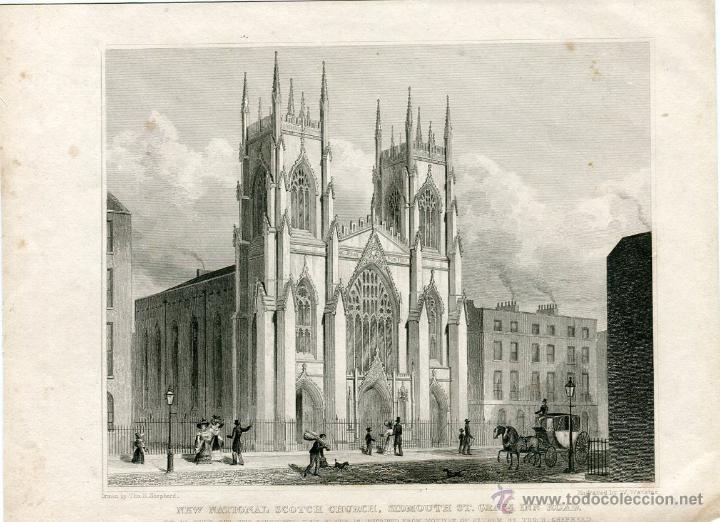Arte: Iglesia Nacional Escocesa, Gray's Inn Road, Londres - Grabado original 1829
