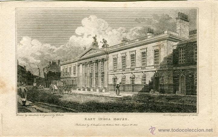 Arte: East India House' grabado por Wolnoth sobre obra de Schnebbelie