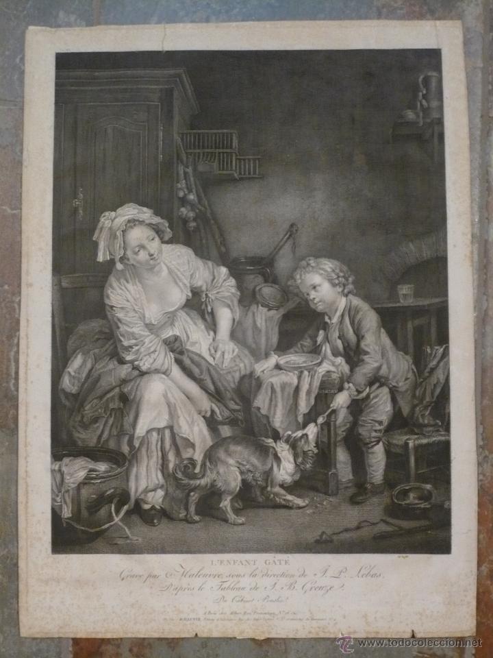 Arte: Grabado franc&eacute;s antiguo, S. XVIII LEnfant Gat&eacute; - Foto 1