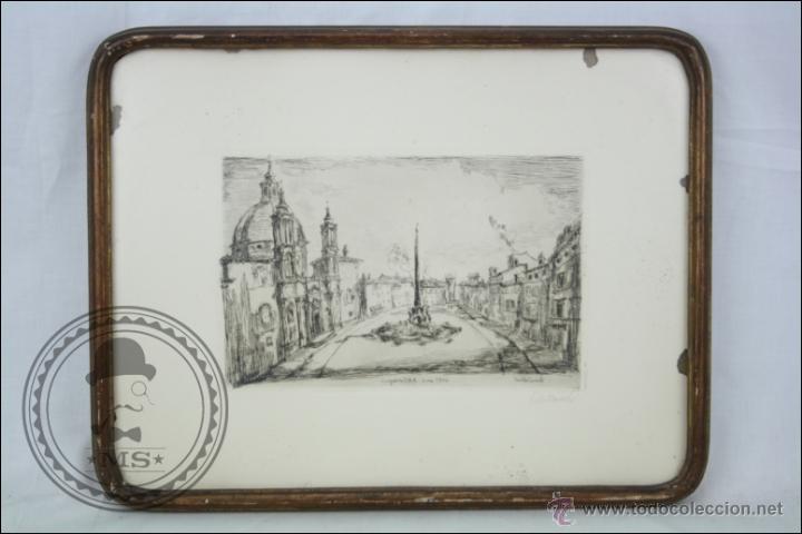 Art: Grabado Enmarcado del Congreso IHS, Roma 1954 - Plaza Navona - Firmado por Arnoldo Ciarrocchi