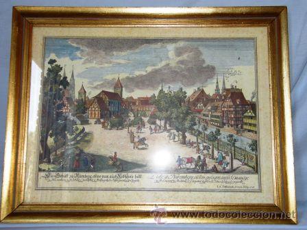 Arte: La mayor parte de N&uuml;remberg,... Grabado enmarcado de J. A. Delsenbach