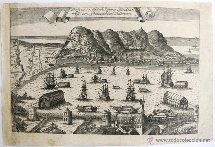 Arte: Vista de Gibraltar, sur de Espa&ntilde;a, 1730. - Foto 1