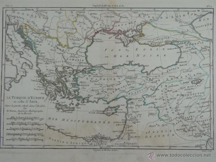 Arte: Mapa de Grecia y Turqu&iacute;a, 1750. Bonne/Andr&eacute; - Foto 2