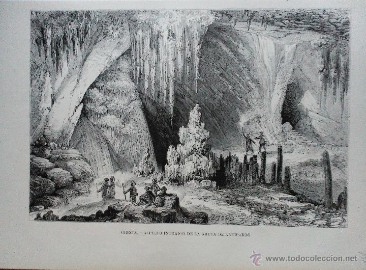 Art: GRABADO GRECIA - ASPECTO INTERIOR DE LA GRUTA DE ANTIPAROS