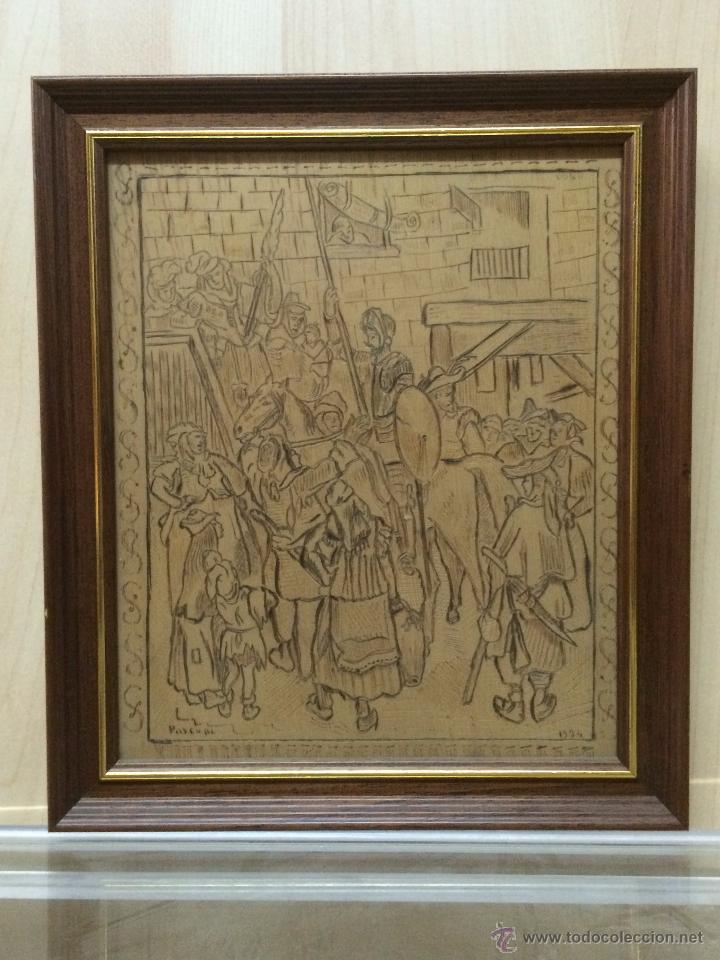 Art: CUADRO PIROGRABADO SOBRE MADERA DE DON QUIJOTE - Enmarcado - Firma de Pascual . 1994. 27.5x32. Cuadr