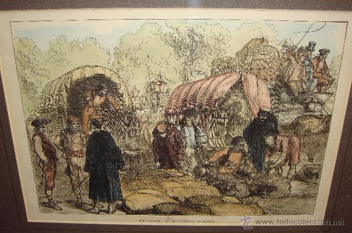 Arte: Antiguo Grabado 1876. The Octroi at the entrance to Madrid. Enmarcada en paspartu.