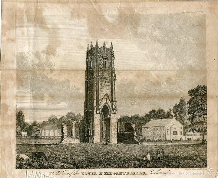Arte: Torre de los Grey Friars, Richmond - Grabado original de Robinson - 1823
