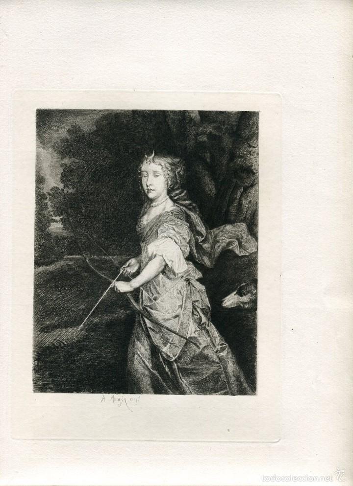 Arte: Dama como Diana cazadora - Aguafuerte de A. Mongin sobre Lely - 1878