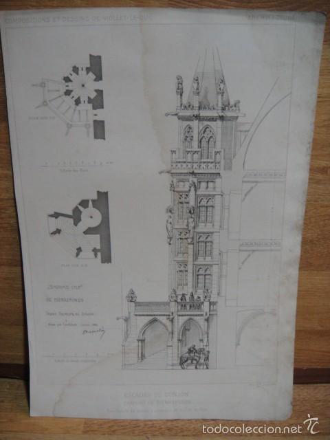 Art: escalera del castillo de pierrefonds - arquitecto violet le duc - heliograbado dujardin