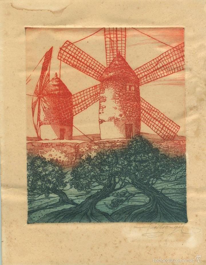 Kunst: 3..Aguafuerte Castro Gil..Representa una escena castellana con molinos..Firmada a l&aacute;piz por el autor