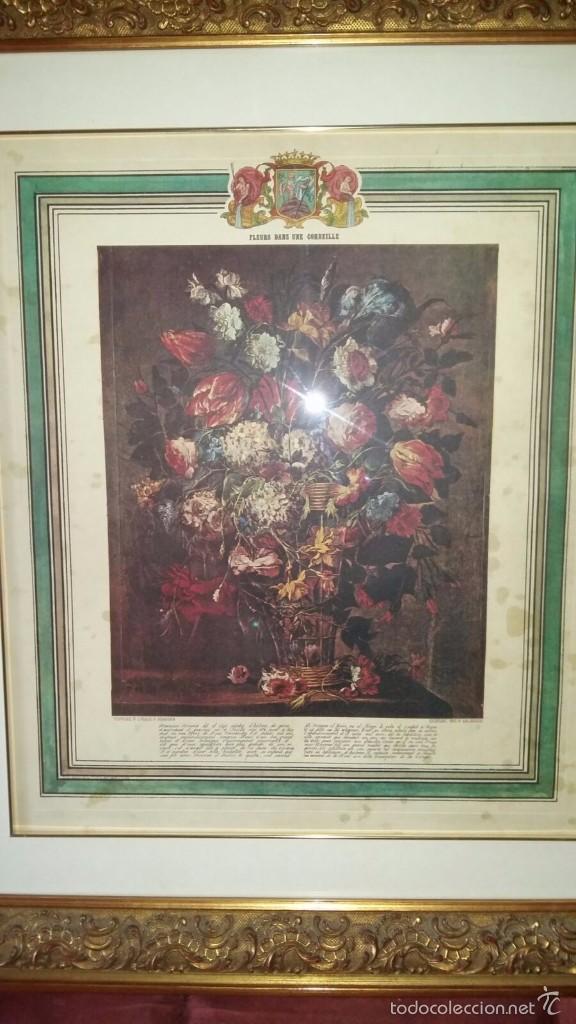 Arte: Grabado 1850.Cesto con Flores. - Foto 1