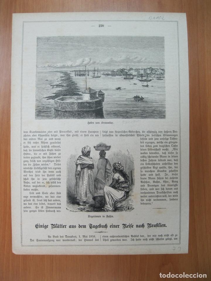 Arte: Vista de Recife (Pernambuco, Brasil) y escena cotidiana de San Salvador de Bahia (Brasil), 1877