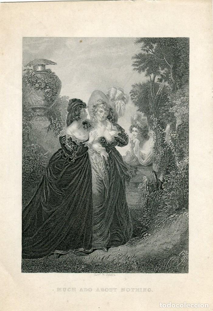 Arte: Mucho ruido y pocas nueces, Shakespeare - Grabado original s. XIX - W. Peters