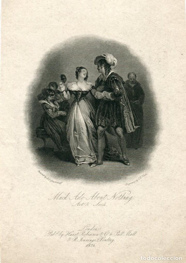 Art: Mucho ruido y pocas nueces, Shakespeare - Grabado original J. H. Watt - 1826