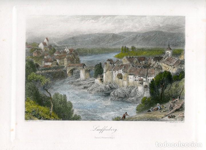 Art: Laufenburg, Rin, Suiza - Grabado original coloreado de E. P. Brandard - 1875