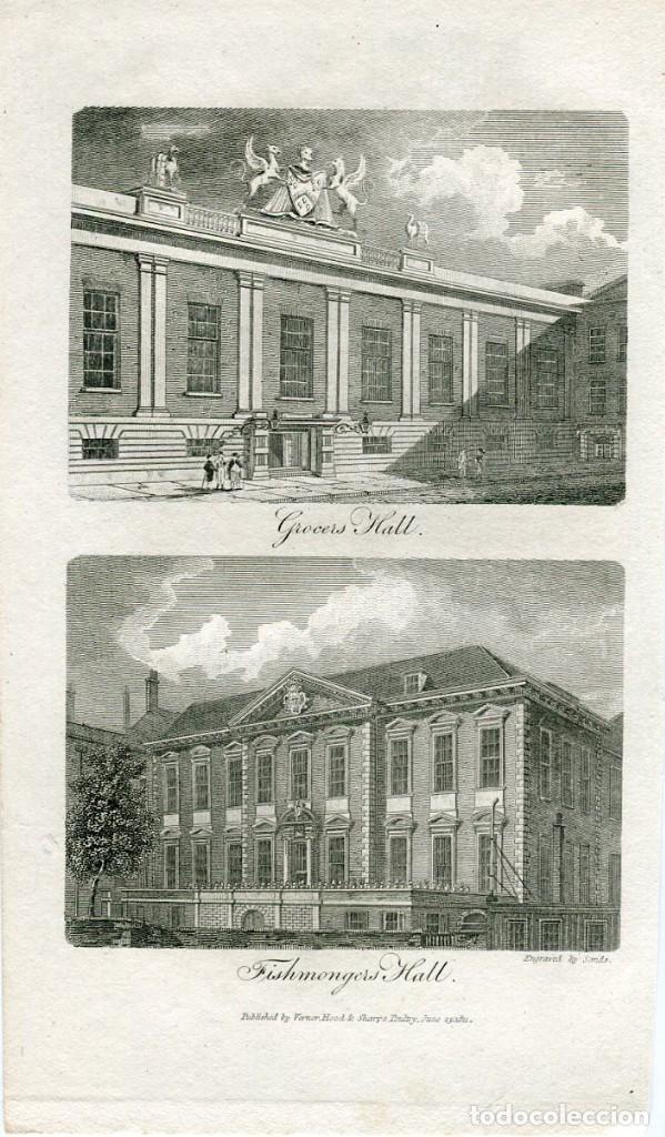 Art: Grocers' Hall y Fishmongers' Hall, Londres - Grabado original Sands - 1811