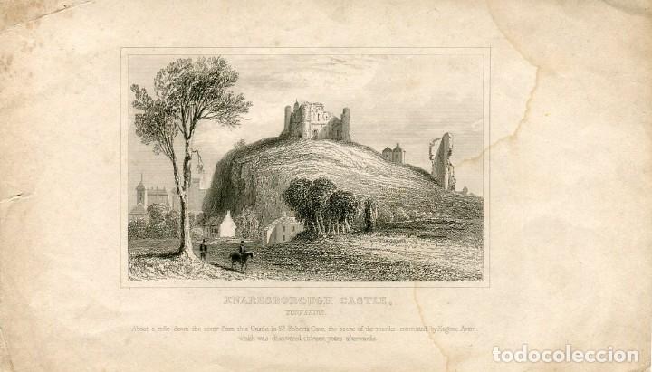 Art: Castillo de Knaresborough, Yorkshire - Grabado original antiguo s. XIX