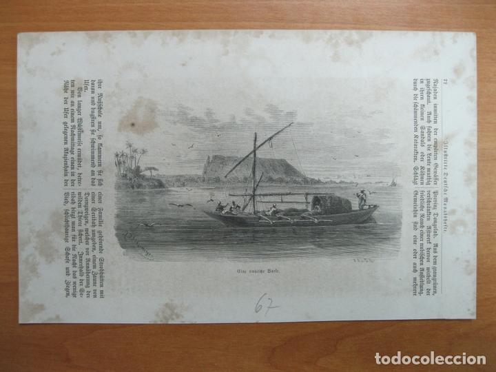 Arte: Barca en el r&iacute;o Nilo en Nubia (Egipto-Sud&aacute;n), &Aacute;frica), 1867.