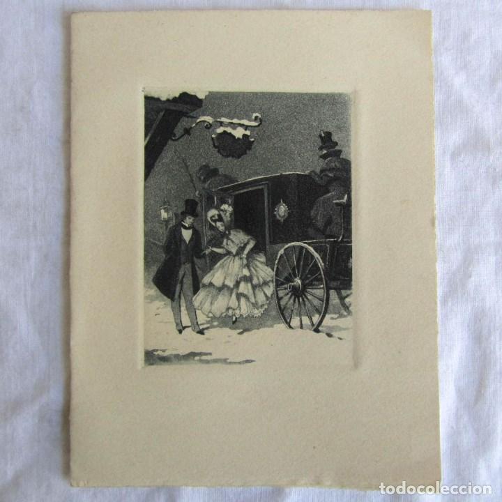 Art: Precioso grabado de una pareja en carroza. Felicitaci&oacute;n navide&ntilde;a de 1959