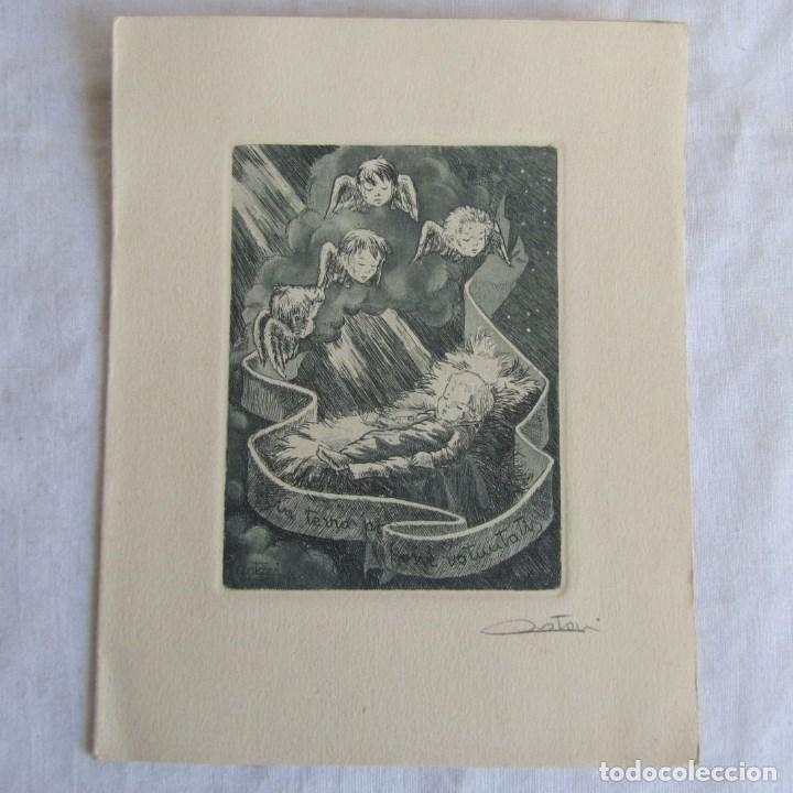 Kunst: Precioso grabado Felicitaci&oacute;n Navide&ntilde;a. Firmado a lapicero. Maissa 1960