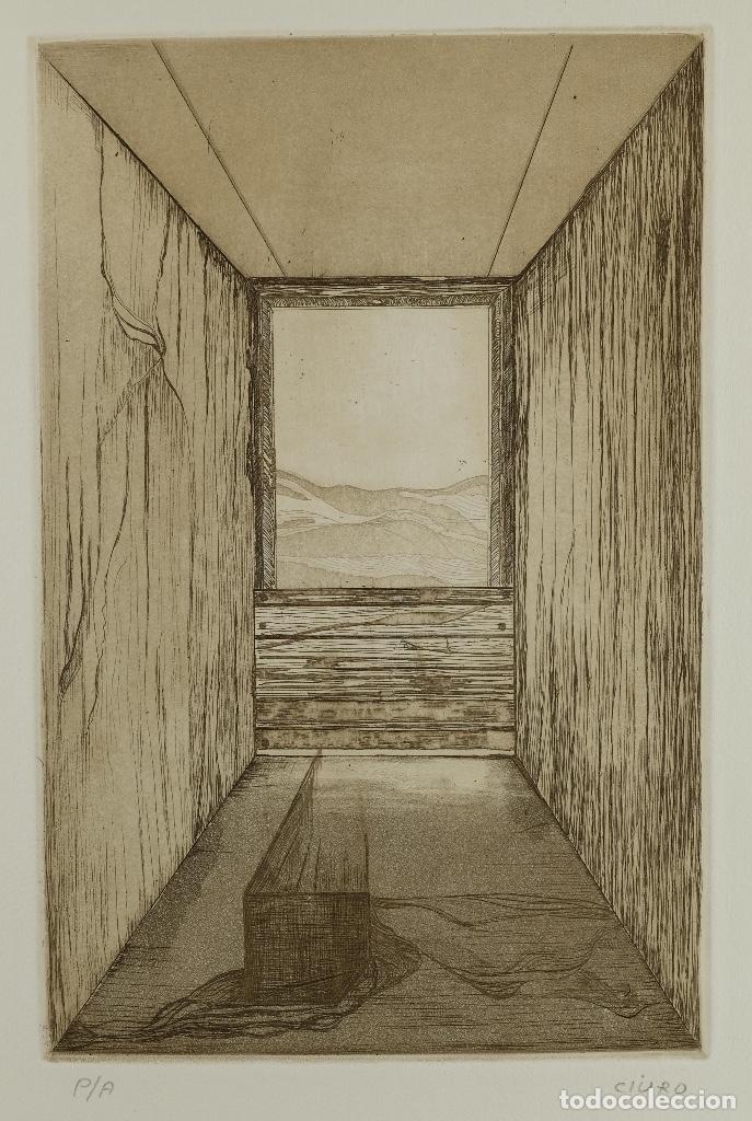 Art: Eugenia Ciur&oacute; grabado al aguafuerte prueba de artista Interior con ventana 1974 firmado a l&aacute;piz
