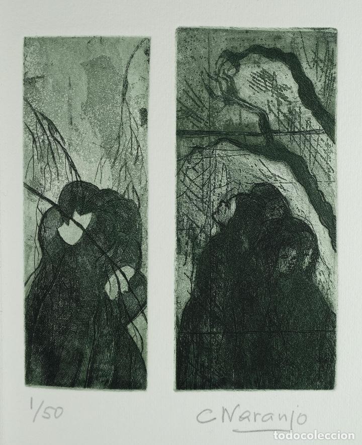 Art: Grabado 1/50 Bosque y personajes firmado a l&aacute;piz C.Naranjo finales siglo XX