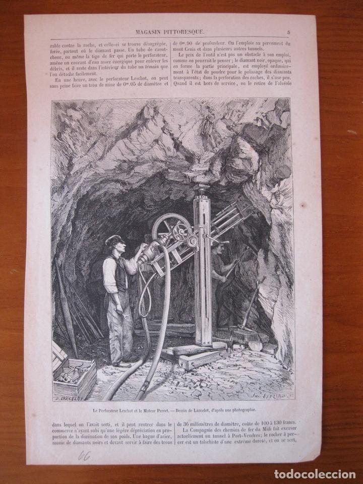 Art: El perforador Leschot y el motor Perret en pleno funcionamiento, 1866. Lancelot