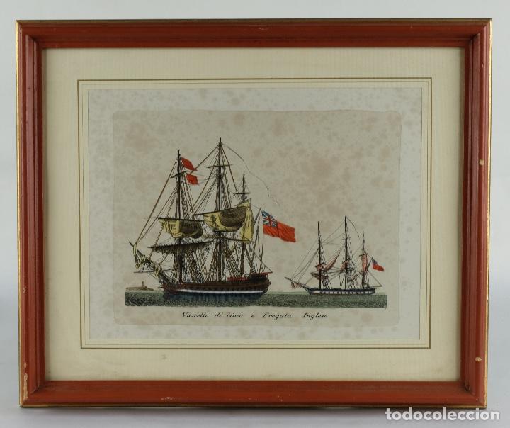 Art: Grabado coloreado Barcos tercer tercio siglo XX