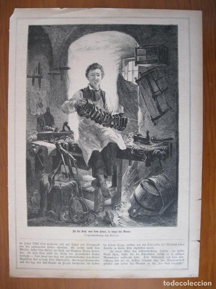 Art: Hombre tocando un viejo acorde&oacute;n en una carpinteria, 1877