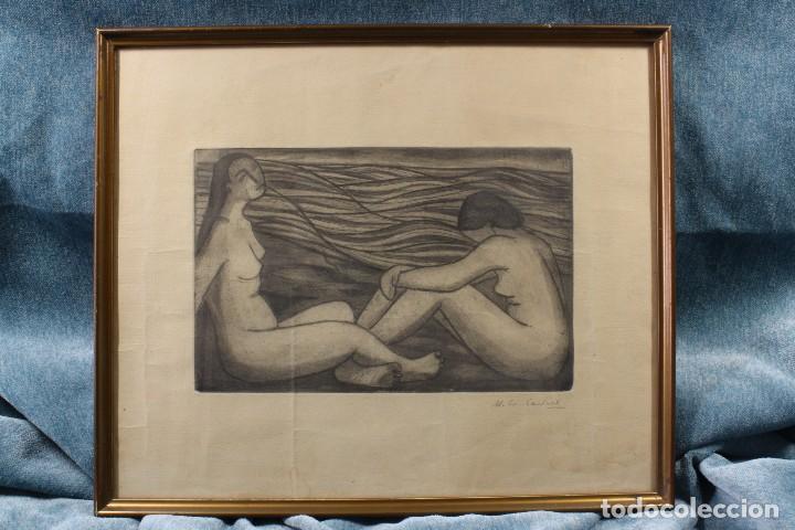 Art: Grabado pareja mujeres desnudas. M.C. Sonvis&eacute;. S.XX