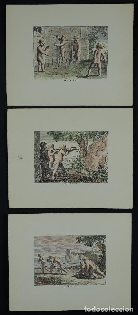 Art: 3 grabados franceses Les Quilles, L&rsquo;arbaleste y Le traisnesu siglo XX