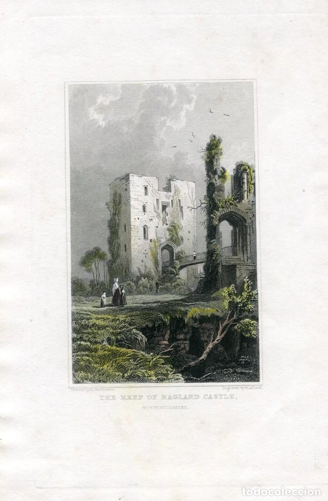 Art: Torre&oacute;n del castillo de Raglan, Gales - Grabado coloreado - H. Gastineau