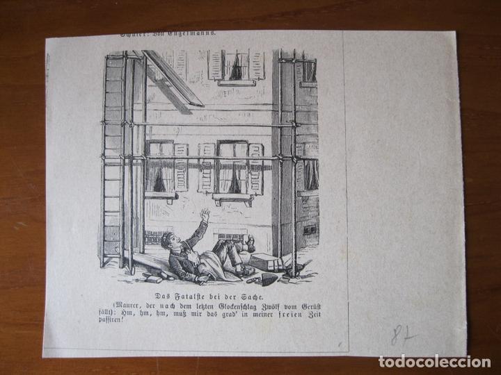 Arte: Dibujo sat&iacute;rico de un obrero caido del andamio,  1887. An&oacute;nimo