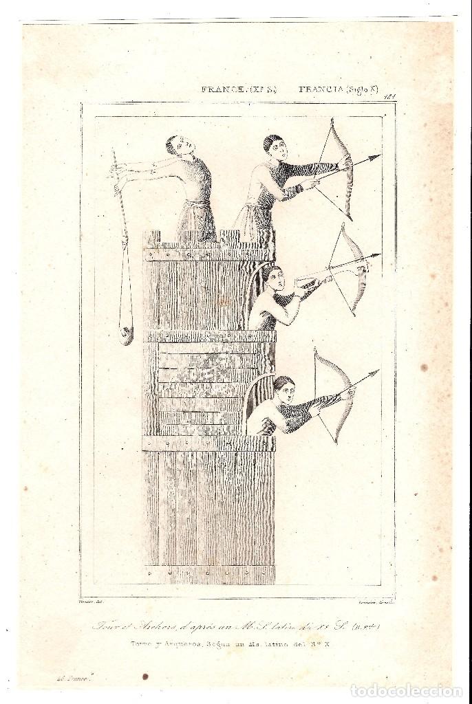 Arte: Grabado Torre y Arqueros. S.XIX. Francia - Foto 1