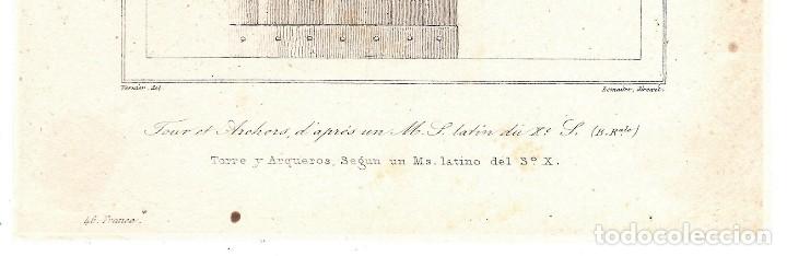 Arte: Grabado Torre y Arqueros. S.XIX. Francia - Foto 2