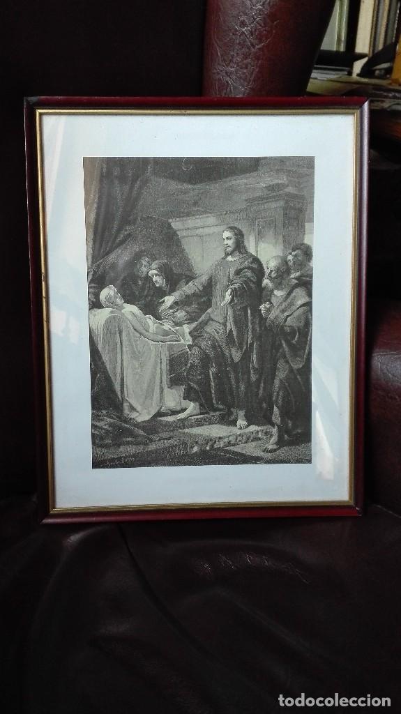 Kunst: La curaci&oacute;n de la hija de Jairo por Jesucristo grabado del siglo 19 de libro.