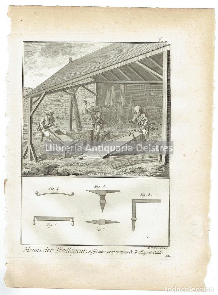 Art: [Lote de 4 l&aacute;minas. Carpinter&iacute;a en el trabajo. 1782] Menuisier Treillageur, Diff&eacute;rentes...