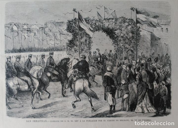 SAN SEBASTIAN - LLEGADA DE S.M. EL REY D. ALFONSO XII A LA POBLACIÓN. (1876) (Arte - Grabados - Modernos siglo XIX)