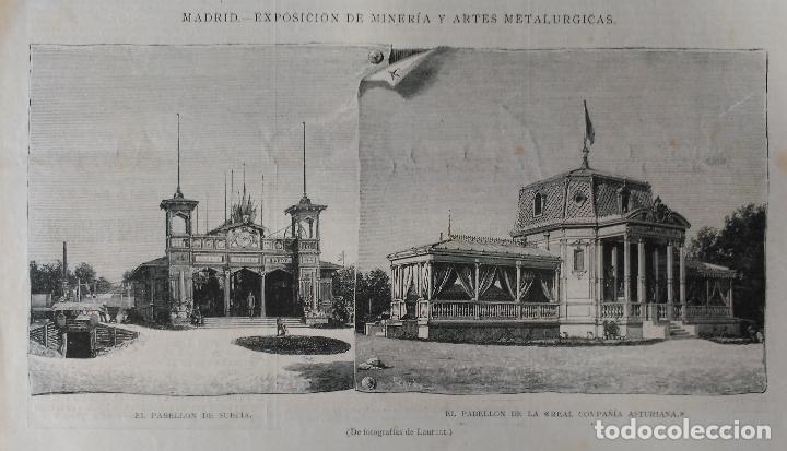 MADRID - EXPOSICION DE MINERIA (PABELLONES DE SUECIA Y LA REAL COMPAÑIA ASTURIANA). (1883) (Arte - Grabados - Modernos siglo XIX)