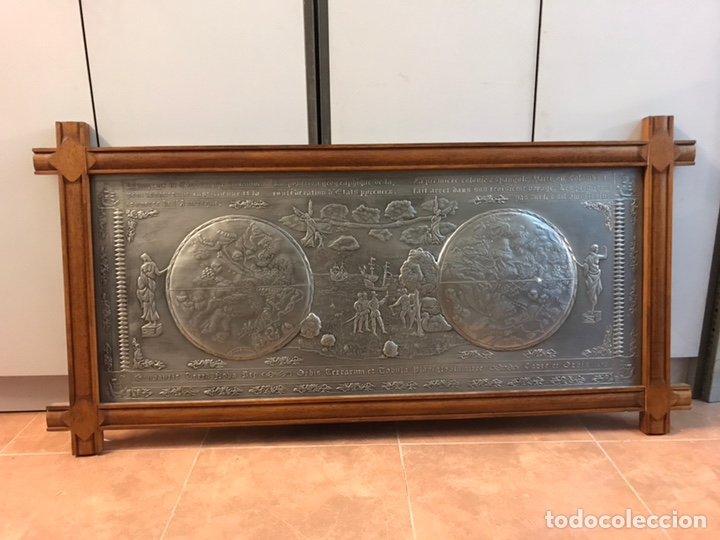 Kunst: Tabla decorativa de pared con grabado de la conquista de america 1492. Colon espa&ntilde;a tercios