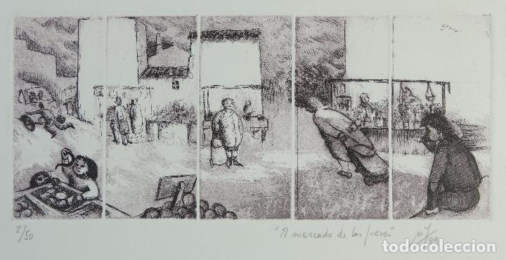 Kunst: Grabado 2/50 titulado El mercado de los jueves firma ilegible a l&aacute;piz 1989