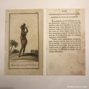 Mujer de la tierra de Van Diemen 1790-1800 Grabado iluminado a mano