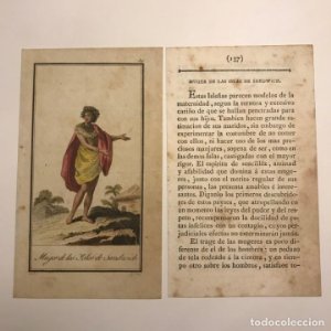 Mujer de las Islas de Sandwich 1790-1800 Grabado iluminado a mano