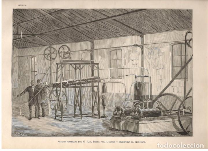 Arte: QUIMICA. APARATO EMPLEADO POR M. RAOL PICTEC PARA LIQUIDAR Y SOLIDIFICAR EL HIDR&Oacute;GENO.