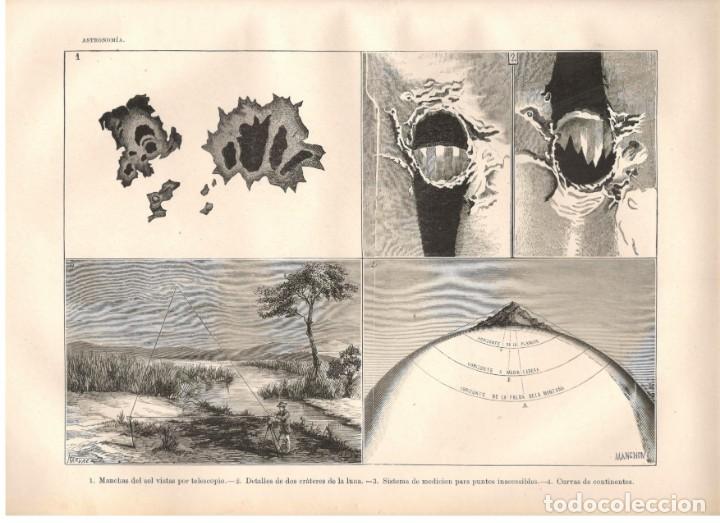 Art: ASTRONOMIA: Manchas del sol vistas por telescopio, Detalles de dos cr&aacute;teres de la luna, etc